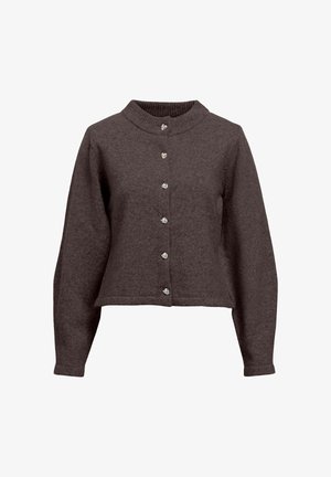 Brun blandning av ullkort cardigan med hög krage, långa ärmar och sex metallknappar på framsidan, med en mjuk textur.