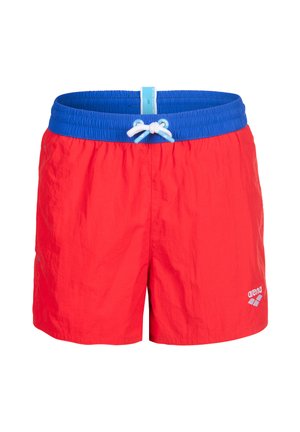 Costume da bagno rosso con fascia elastica blu in vita e coulisse bianca, con piccolo logo bianco Arena sulla gamba sinistra.