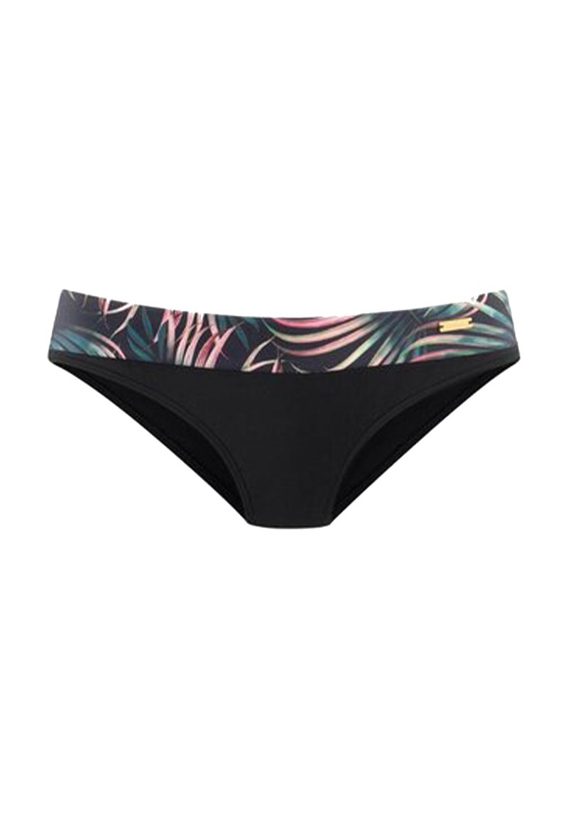Schwarze Bikini-Hosen mit einem bunten, tropischen Muster am Bund, glatter Textur und einem goldenen Akzentdetail an der Seite.
