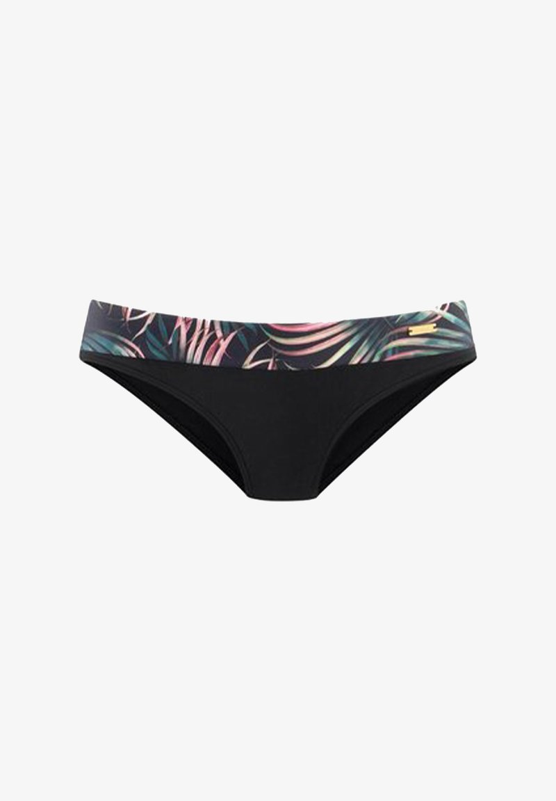 Črne bikini hlačke s pisanimi, tropskimi vzorci na pasu, gladka tekstura in zlat dodatek na strani.
