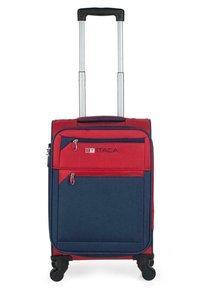 Maleta de viaje roja y azul marino con dos ruedas, asa retráctil, bolsillo delantero con cremallera y un resistente exterior de tela.