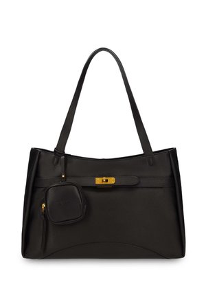 Sac à bandoulière en cuir noir avec longues lanières, une petite pochette zippée fixée et un fermoir doré à l'avant.