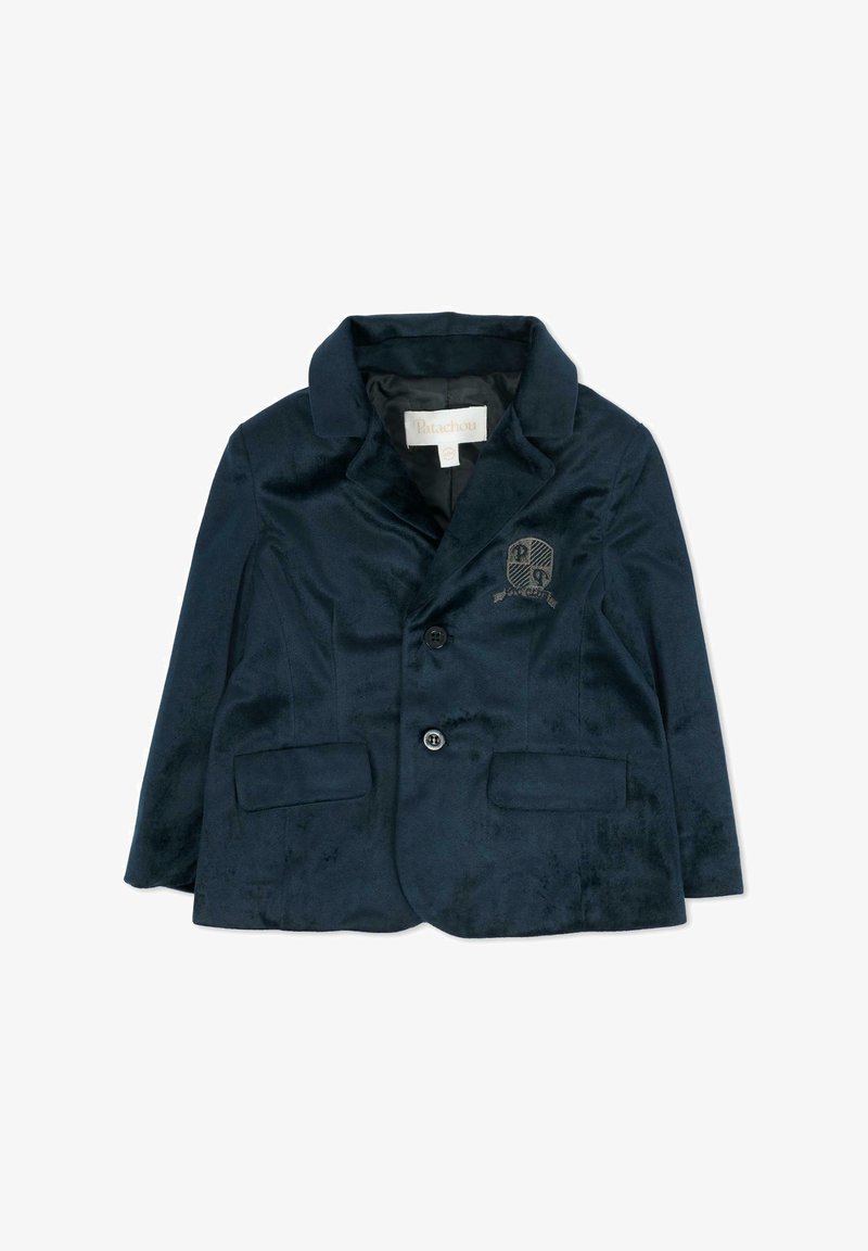 Granatowy aksamitny blezer z wyłogiem z wycięciem, dwoma przednimi kieszeniami i pojedynczym zapięciem na guzik. Z ozdobnym haftowanym herbem.