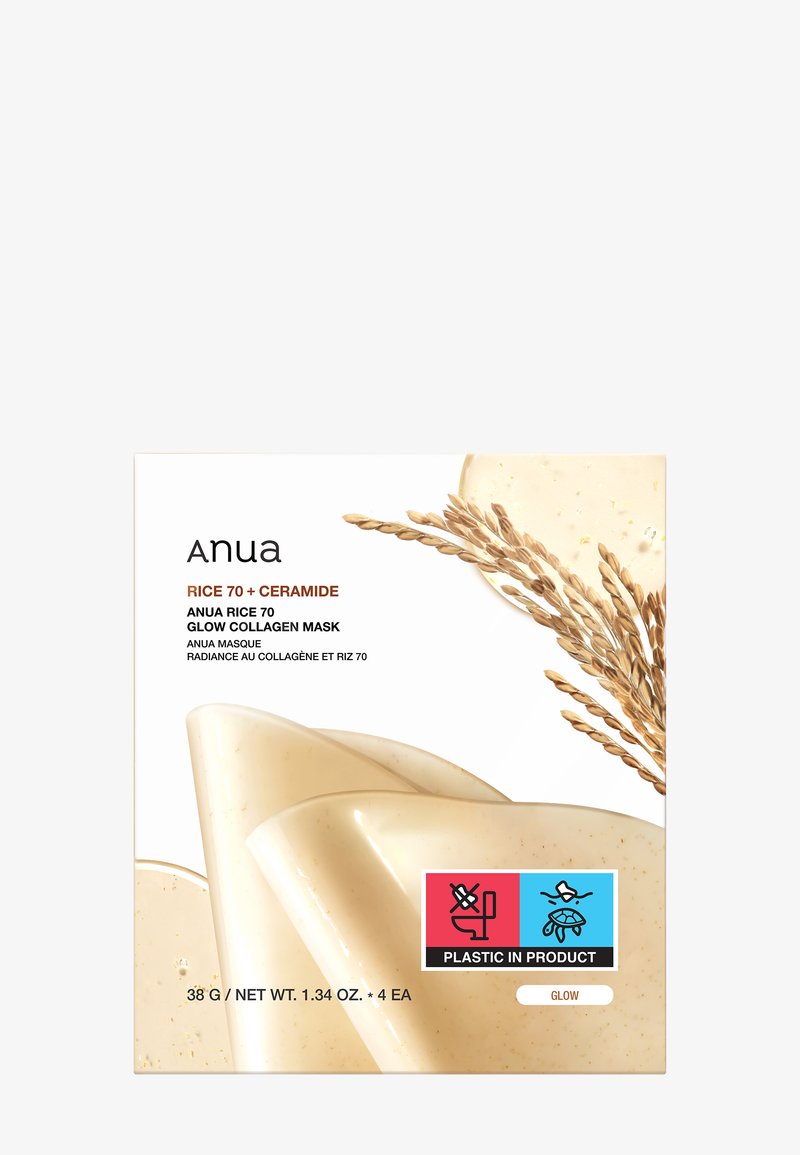 Emballage du masque collagène Anua Rice 70 Glow avec des tiges de riz et une texture crème semblable à la peau, mettant en avant céramide et plastique dans l'avertissement produit.