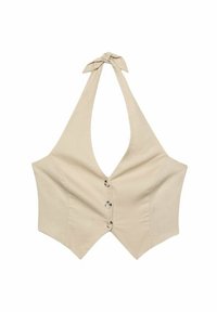 Beige halterneck-top med djup V-ringning, med en knuten knut vid halsen och tre knappstängningar på framsidan. Slät tygtextur.