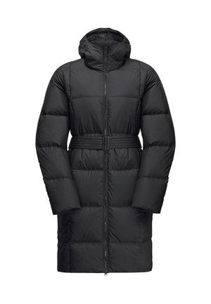 Schwarze Daunenjacke mit Kapuze, tailliertem Gürtel, gesteppter Optik, langen Ärmeln und durchgehendem Reißverschluss. Glatte, gepolsterte Textur.