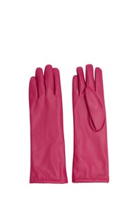 Rosa läderhandskar med en slät textur, med en distinkt tumdesign och en åtsittande form för händerna. Inga mönster eller accenter synliga.