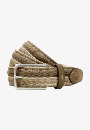Braided beige fabric belt with silver metal buckle, suede accents, and a soft texture, featuring a tapered end with a stitching detail.