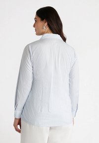 Camicia a maniche lunghe a righe blu chiaro e bianco con colletto, polsini con bottoni e orlo dritto. Trama liscia.