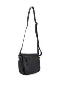 Black leather crossbody bag with a zippered front pocket, adjustable strap, and smooth texture. Features gold-tone hardware accents.