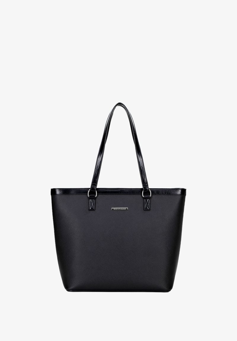 Borsa a spalla nera realizzata in materiale liscio con due manici lunghi, dettagli in metallo argentato e un design semplice e strutturato.