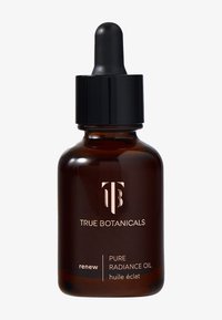 Bruine glazen fles met een zwarte druppeldop, versierd met gouden tekst. De container bevat True Botanicals Pure Radiance Oil.