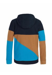 Fleece-Hoodie mit einem mehrfarbigen Design in Marineblau, Braun und Türkis. Mit Kapuze, strukturiertem Material und langen Ärmeln.