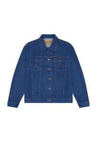 Μπλε τζιν μπουφάν με κούμπωμα με κουμπιά στον μπροστινό μέρος, δύο τσέπες στο στήθος με καπάκι, γιακά και ετικέτα με το λογότυπο Wrangler πάνω από την αριστερή τσέπη.