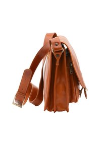 Borsa a messenger in pelle marrone con una forma strutturata, tracolla regolabile, hardware metallico e diversi scomparti con cerniera. Texture liscia.
