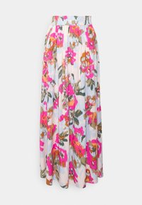 Bloemen midi-rok met een geplooid ontwerp, een pastelblauwe achtergrond en levendige roze en oranje bloemen. Elastische tailleband voor comfort.