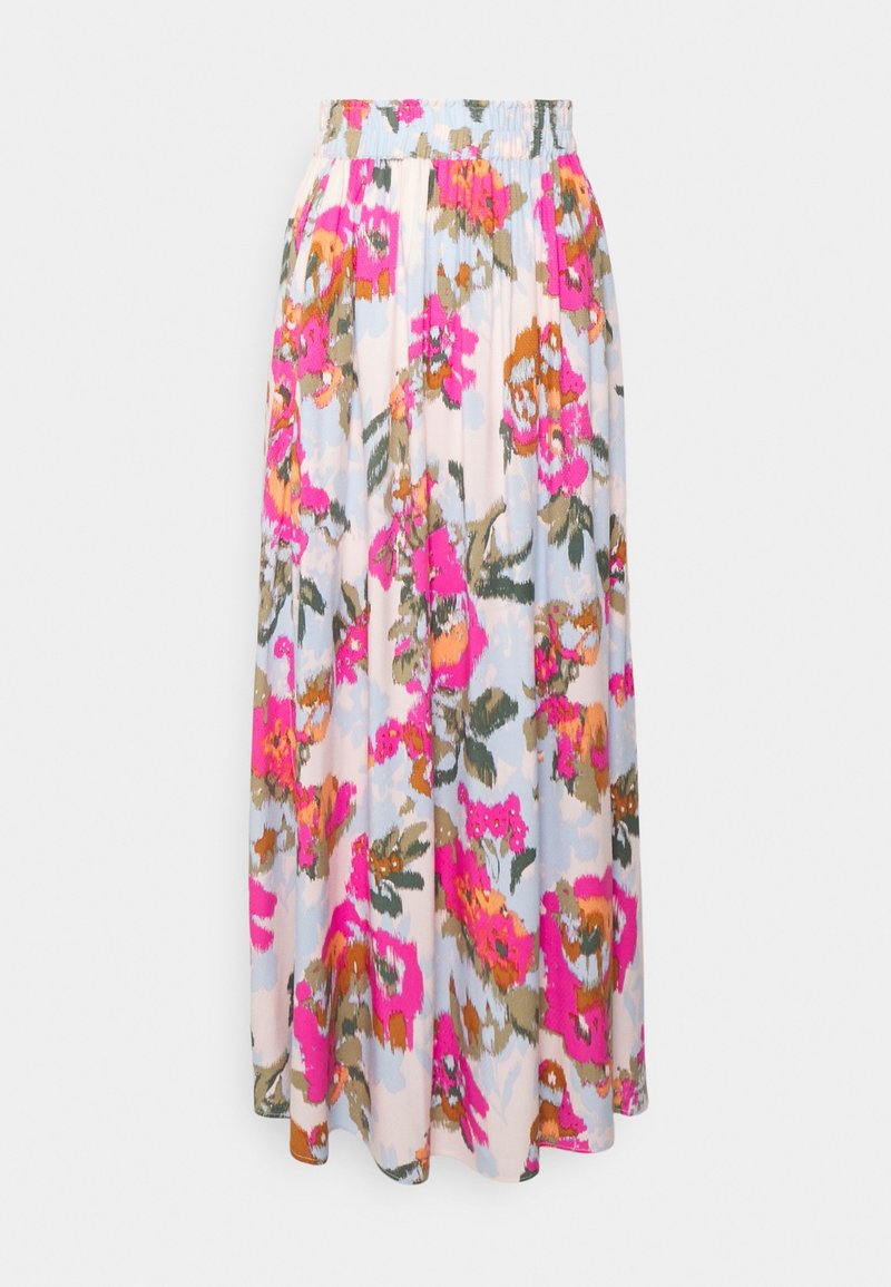 Bloemen midi-rok met een geplooid ontwerp, een pastelblauwe achtergrond en levendige roze en oranje bloemen. Elastische tailleband voor comfort.