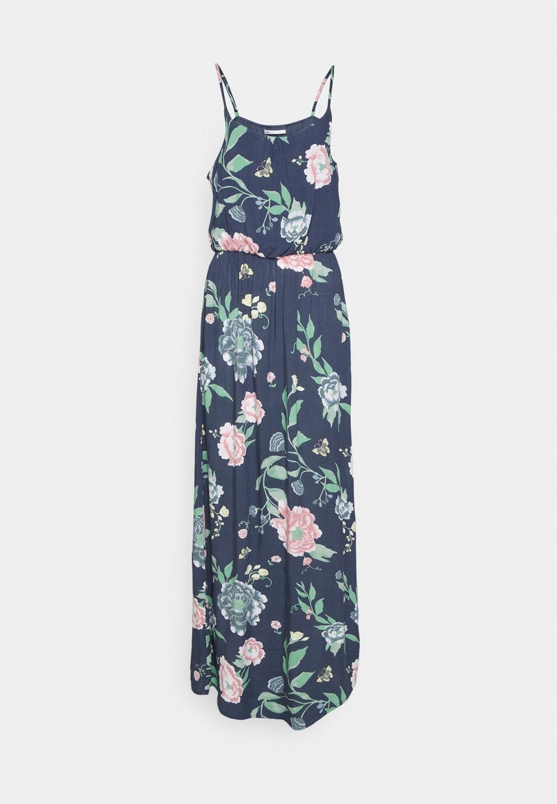 Robe maxi sans manches bleu marine avec bretelles spaghetti, ornée d'un imprimé floral et papillons roses et verts, cintrée à la taille.