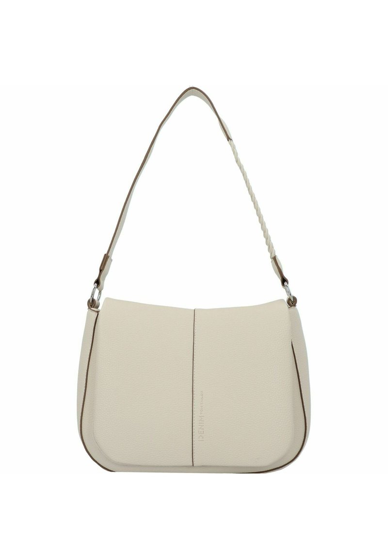 Sac à épaule en cuir couleur crème avec une finition douce et texturée. Présente des bordures marron et une bandoulière tressée, offrant un design moderne et élégant.