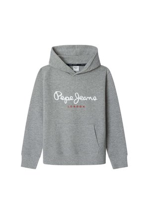 Gray hooded sweatshirt with front pocket, featuring white "Pepe Jeans" and red "London" text on the chest.