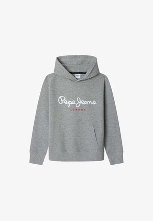 Sweat à capuche gris avec poche avant, avec texte blanc "Pepe Jeans" et rouge "London" sur la poitrine.
