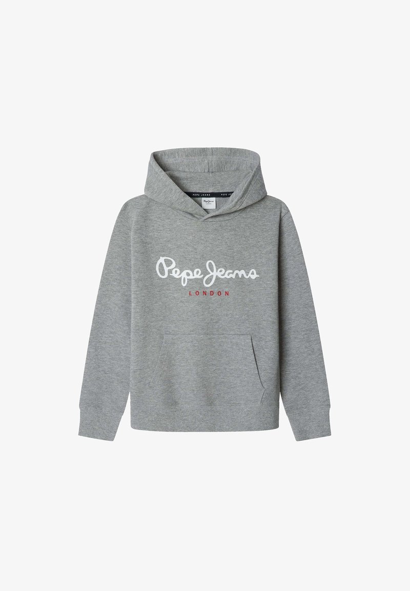 Sweat à capuche gris avec poche avant, avec texte blanc "Pepe Jeans" et rouge "London" sur la poitrine.