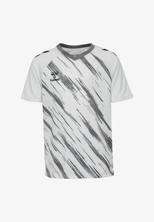 Weißes Sporttrikot mit grauem Pinselstrichmuster, kurzen Ärmeln, V-Ausschnitt und Logo auf der Vorderseite. Hergestellt aus leichtem, atmungsaktivem Material.