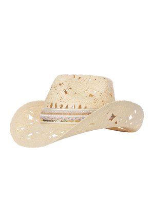 Beigen sävyn kudottu olkihatun cowboy-hattu, jossa on leikattuja kuvioita ja koristeellinen monivärinen nauha kruunun tyvellä.