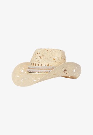 Beigefarbener gewebter Strohhut im Cowboy-Stil mit ausgeschnittenen Mustern und einem dekorativen mehrfarbigen Band um die Basis der Krone.