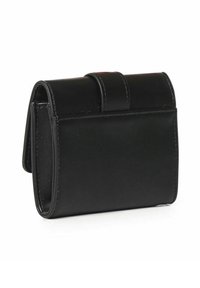 Portefeuille en cuir noir de forme rectangulaire, doté d'une texture lisse, d'un design plié et de détails de couture simples.
