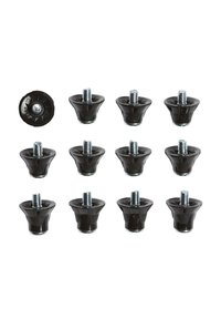 Crni plastični klizni ulošci za namještaj s navojnim metalnim vijcima. Set uključuje dvanaest kliznih uložaka, koji imaju konusni oblik i teksturiranu površinu.