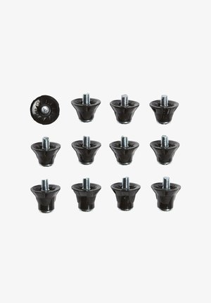 Crni plastični klizni ulošci za namještaj s navojnim metalnim vijcima. Set uključuje dvanaest kliznih uložaka, koji imaju konusni oblik i teksturiranu površinu.