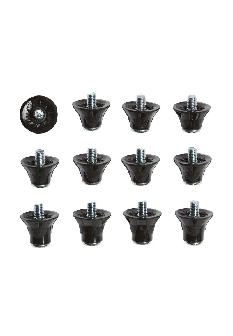 Crni plastični klizni ulošci za namještaj s navojnim metalnim vijcima. Set uključuje dvanaest kliznih uložaka, koji imaju konusni oblik i teksturiranu površinu.