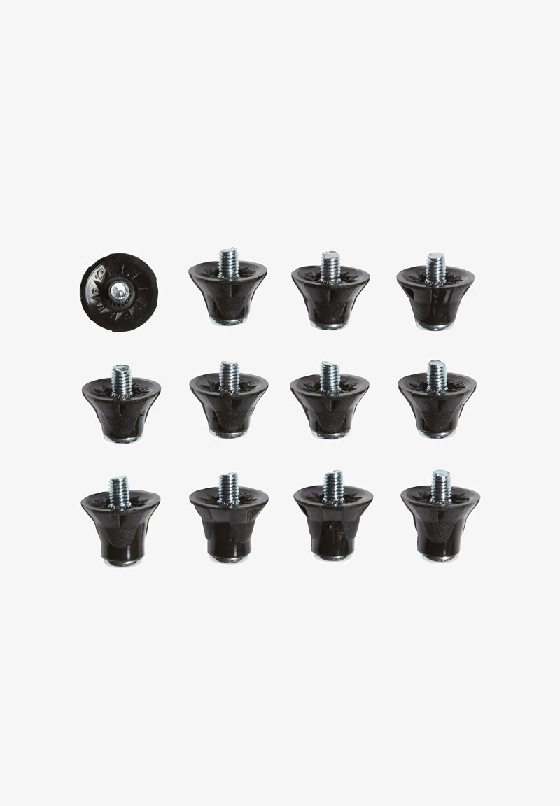 Glisseurs de meubles en plastique noir avec vis en métal filetées. L'ensemble comprend douze glisseurs, présentant une forme de tasse conique et une surface texturée.