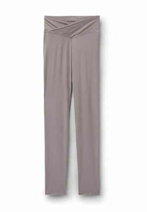 Light gray high-waist leggings with a V-shaped waistband detail, made of smooth stretch fabric, laid flat on a white background.