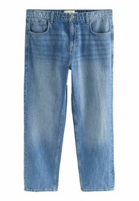 Jean en denim bleu clair avec une coupe droite. Comprend cinq poches, une fermeture à bouton et une teinte délavée sur l'ensemble du tissu.