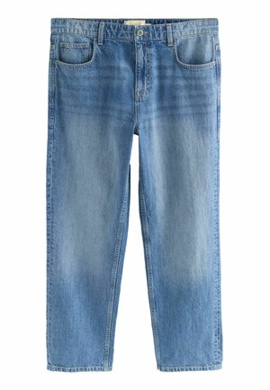 Lichtblauwe denim jeans met een rechte snit. Heeft vijf zakken, een knoopsluiting en een vervaagde wassing door de stof.