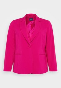 Fuchsia blazer tillverkad av ett smooth tyg, med snedskurna slag, en enskild knappstängning och två framfickor.