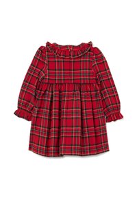 Rotes Kleinkindkleid mit grünem und gelbem Karomuster, Rüschensaum an Kragen und Manschetten sowie langen Ärmeln.