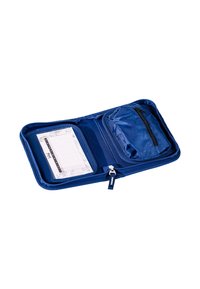 Blue zippered wallet features a textured exterior, an inner pocket with a zipper, and a notepad section with a grid design.