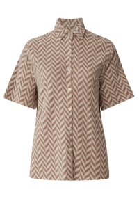 Short-sleeve button-up shirt featuring a herringbone pattern in beige and white, made of soft fabric with a slightly structured collar.