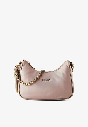 Hellrosa Leder-Umhängetasche mit goldener Kettenriemen und Reißverschluss, vorn mittig mit "LIU JO"-Markenlogo.