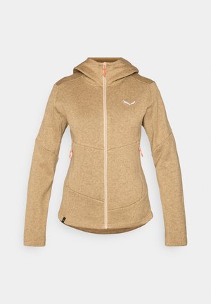 Brun zip-up hættejakke lavet af tekstureret stof, med en tætsiddende hætte, to sidelommer med orange lynlåse og et lille logo på brystet.