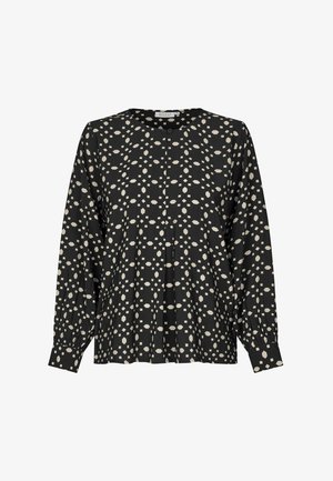 Svart blus med lång ärm som har ett geometriskt crèmefärgat mönster, rund halsringning, veck och knapplist framtill. Mjukt tyg.