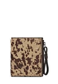 Textured wallet in tan and brown tones, featuring a spotted pattern, fabric exterior, zip closure, and a leather wrist strap.