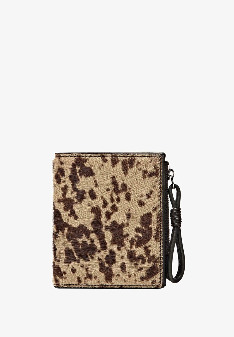 Textured wallet in tan and brown tones, featuring a spotted pattern, fabric exterior, zip closure, and a leather wrist strap.