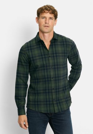 Men's green plaid button-up shirt in woven fabric; features dark blue and light green checks; long sleeves with button cuffs; curved hem.