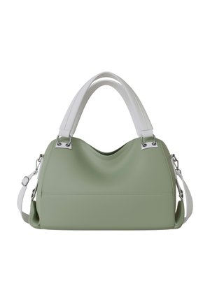 Soft green handbag with wide white handles and an adjustable white shoulder strap, shown against a plain white background.