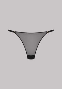 String noir transparent en tissu maillé doux. Présente des accents en métal doré et une ceinture texturée. Couverture minimale et design élégant.