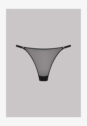 String noir transparent en tissu maillé doux. Présente des accents en métal doré et une ceinture texturée. Couverture minimale et design élégant.